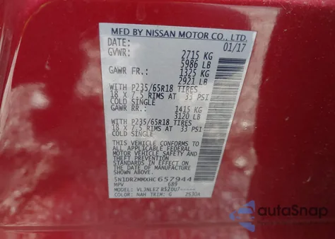 2017 Nissan Pathfinder Sv from USA, damaged, VIN 5N1DR2MMXHC657944